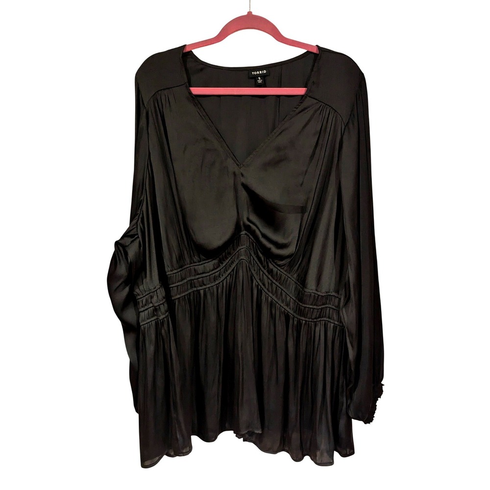 Torrid Blouse 5 Black Satin Smocked Empire Waist V-Neck Long Sleeve Plus  Top
